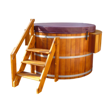 Northern Lights Classic Cedar Hot Tub with Stairs, skirting, and Maroon Cover