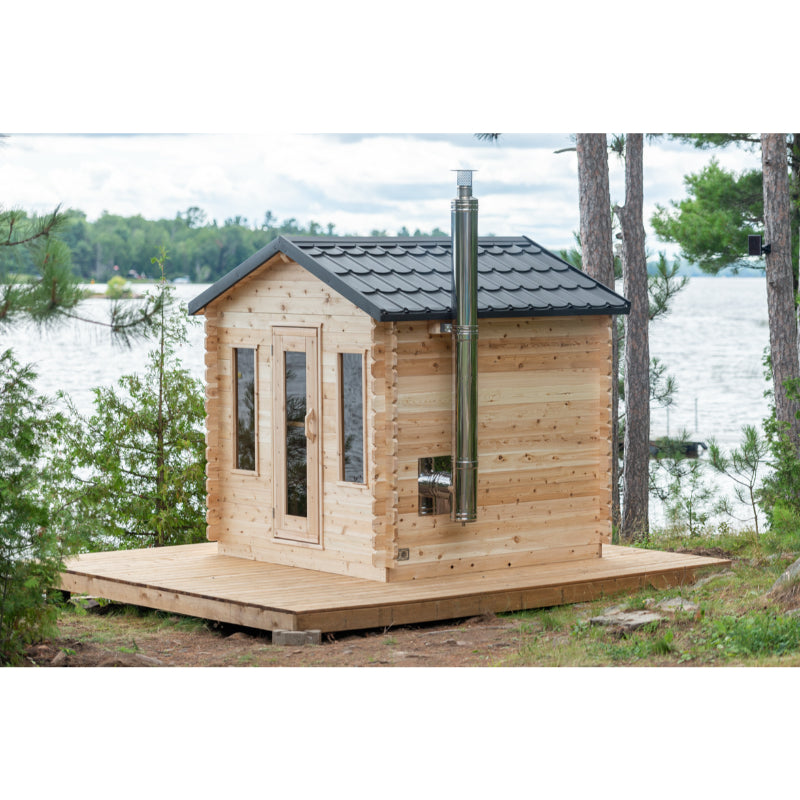 Dundalk Leisurecraft Georgian Cabin Sauna Side Angle View Next To Lake