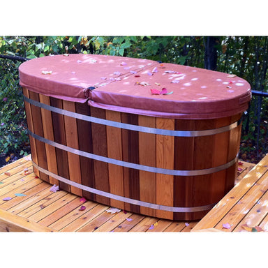 Ofuro Tub with closed lid on cedar platform outside in the Fall. 