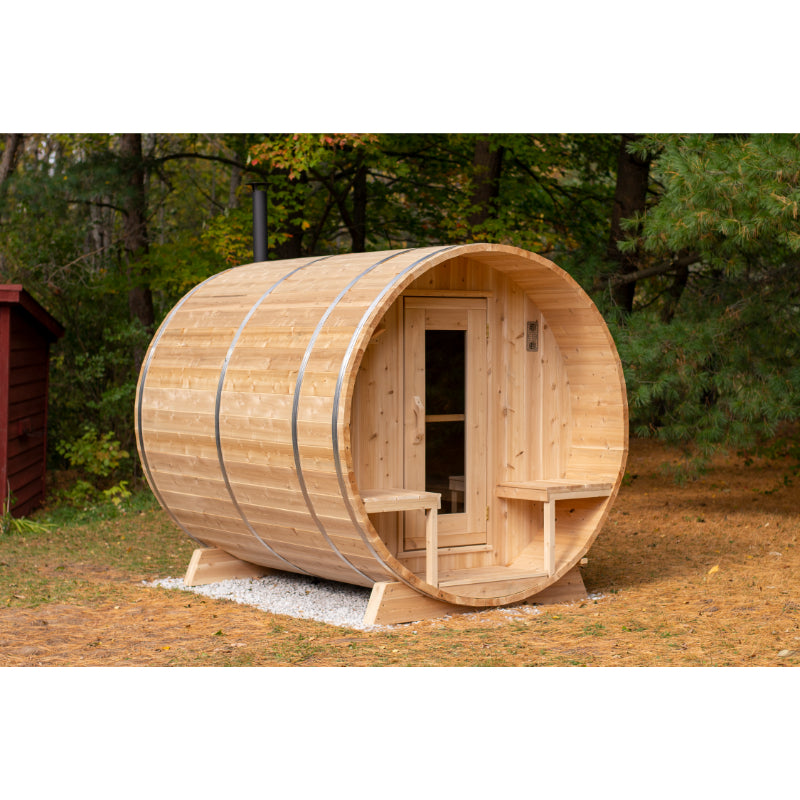 Dundalk LeisureCraft Serenity Barrel Sauna Outside in Backyard