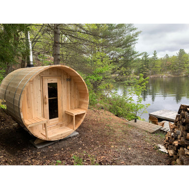 Dundalk LeisureCraft Serenity Barrel Sauna Outside Beside A Lake 