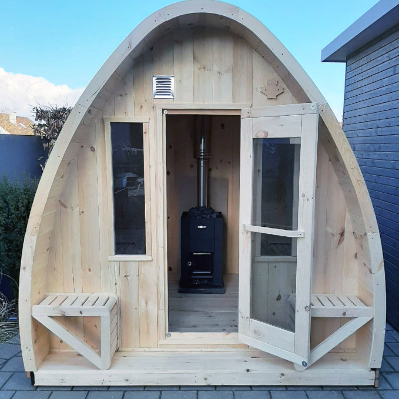 True North Saunas Outdoor Pod Sauna Front  View With Woodfired Stove