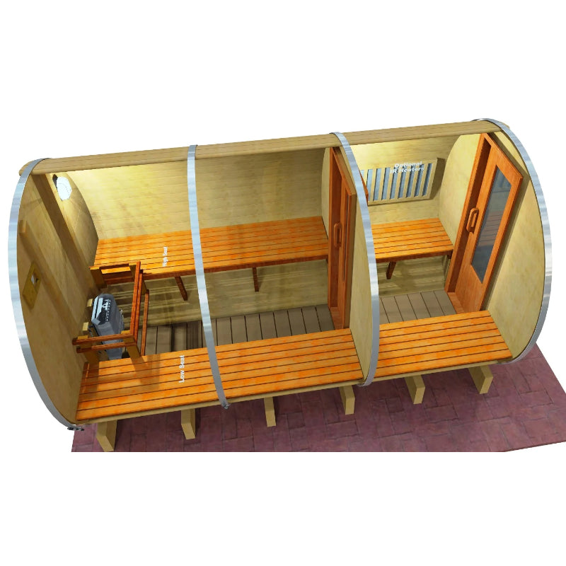 3D Diagram of Northern Lights 12 foot Cedar Barrel Sauna with Electric heater and change room