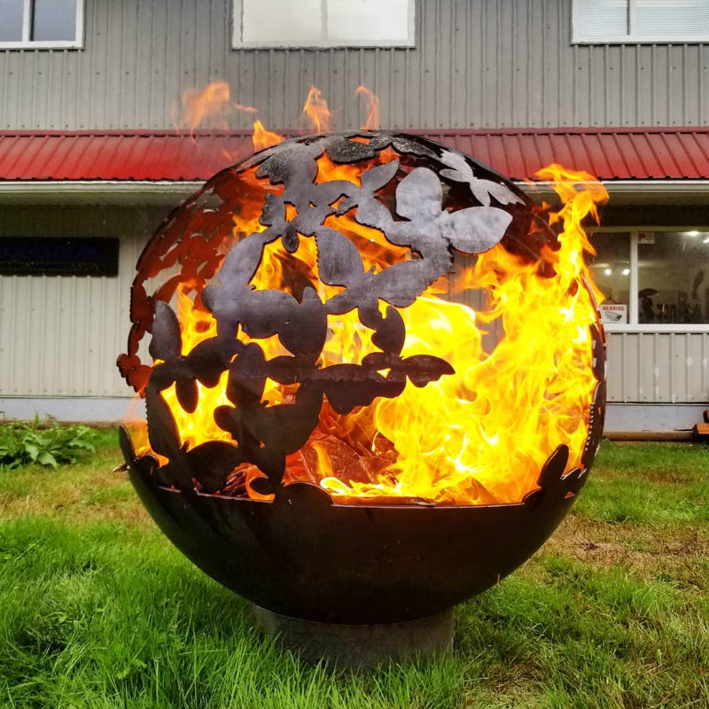 Butterfly Fire Pit Sphere with fire side view