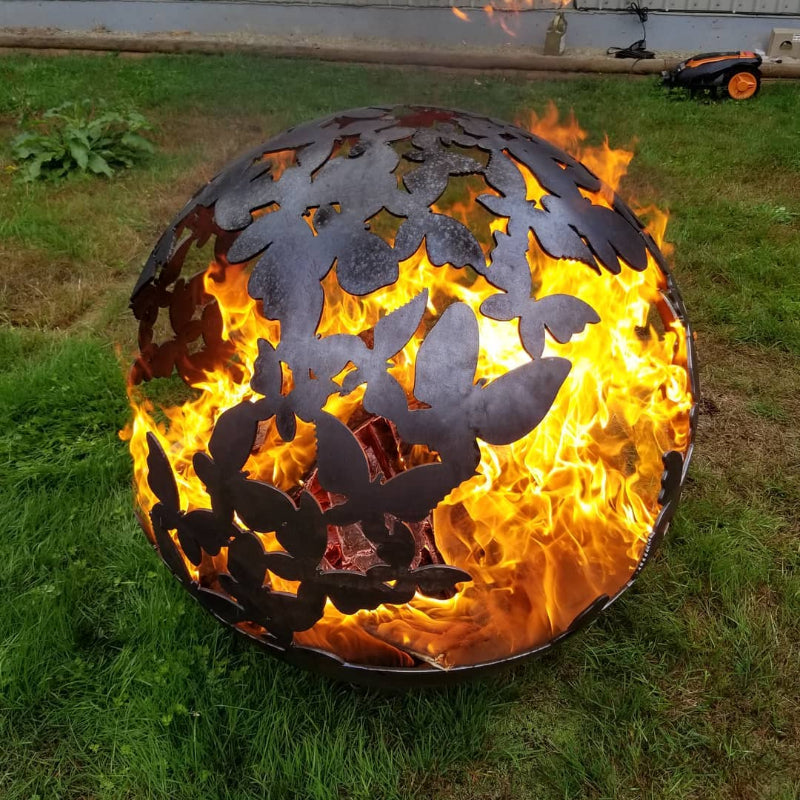 Butterfly Fire Pit Sphere with fire top view