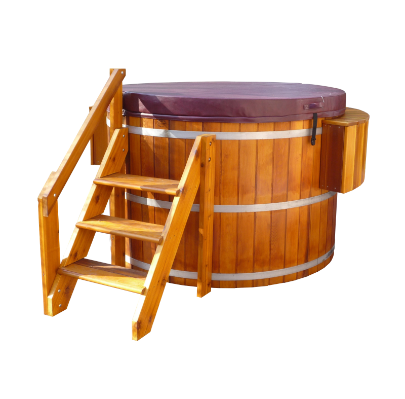Northern Lights Classic Cedar Hot Tub with Stairs, skirting, and Maroon Cover