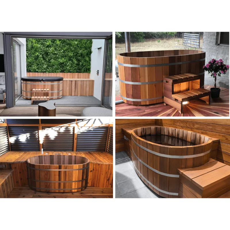 Four images of Northern Lights Ofuro Tub on backyard patios