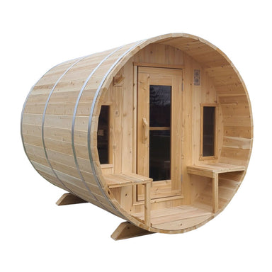 LeisureCraft Tranquility Cedar Barrel Sauna with front windows and porch
