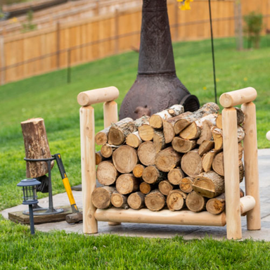 Cedar Log Firewood Rack in backyard with firepit in background