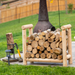 Cedar Log Firewood Rack in backyard with firepit in background