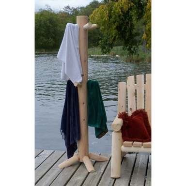 Log Towel Tree Rack on Lake Dock