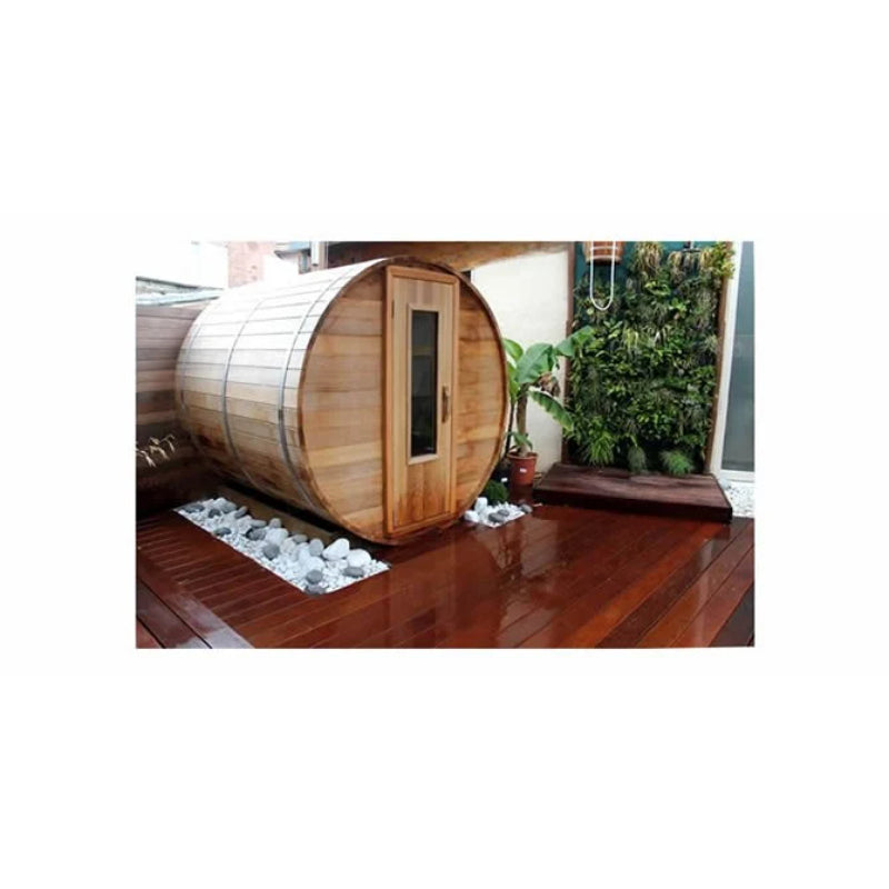 Northern Lights Red Cedar Barrel Sauna on beautiful backyard patio