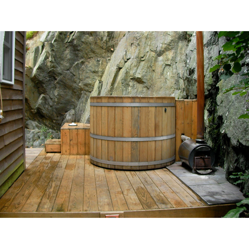 Northern Lights Classic Wood Fired Cedar Hot Tub on Back Patio 