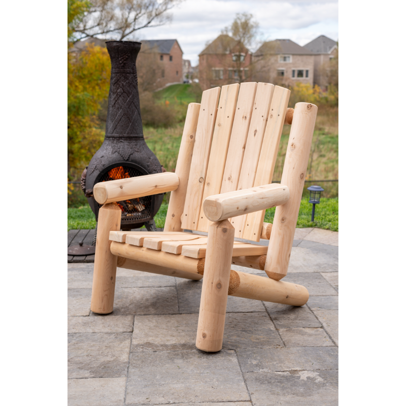 Dundalk Log Adirondack Chair on backyard patio