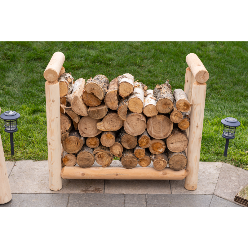 Cedar Log Firewood Rack on patio front view