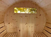 Inside view of True North Pine Barrel Sauna with back window, no heater.