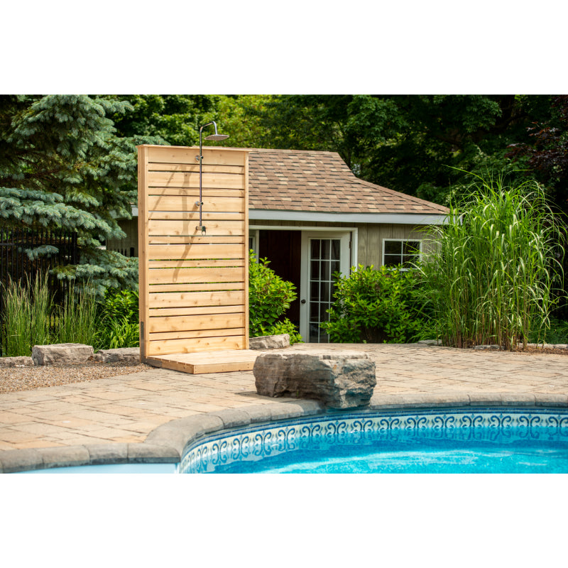 Dundalk LeisureCraft Savannah Outdoor Shower Next to a backyard Pool