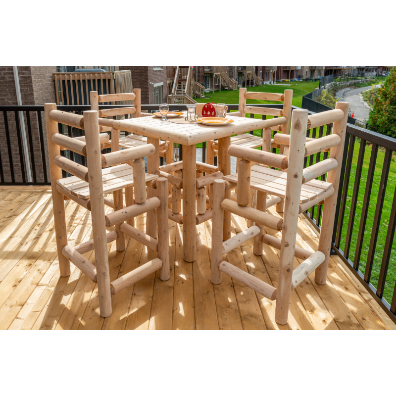 Cedar Log Bistro Table with chairs on a deck