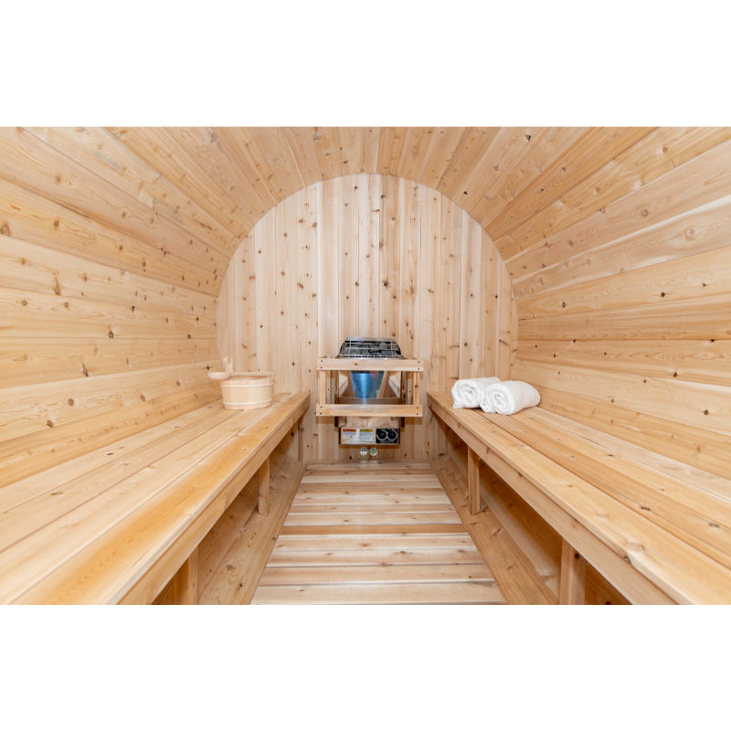 Tranquility Barrel Sauna Inside View of Back Wall with Electric Heater