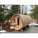 Wood Fired Tranquility Barrel Sauna on Concrete Patio with Snow