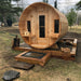 Tranquility Barrel Sauna on Platform in Backyard