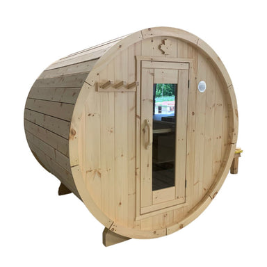 Front angle view of True North Saunas Pine Barrel Sauna without porch.