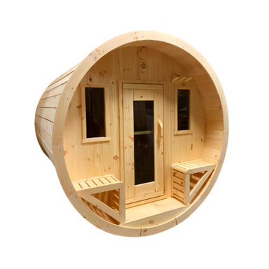 Front angle view of True North Saunas Pine Barrel Sauna with front windows and porch.