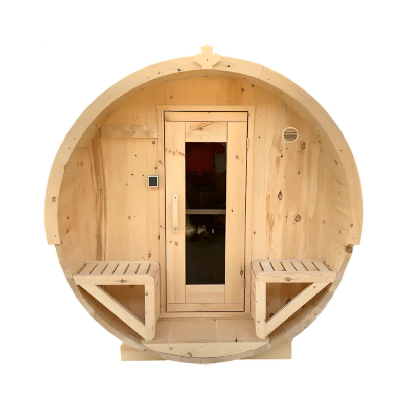 Front view of True North Saunas Pine Barrel Sauna with porch.