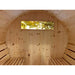 Inside view of True North Sauna Pine Barrel Sauna with back window, no heater.
