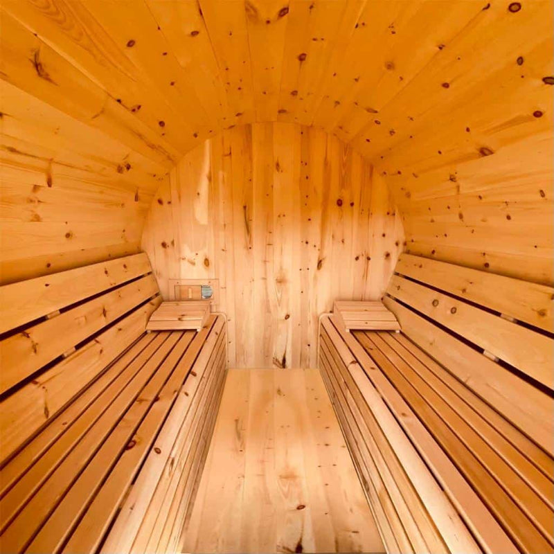 Inside view of True North Sauna Pine Barrel Sauna. No heater installed.